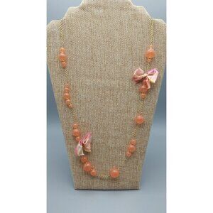 J.Crew Long Gold Tone Necklace Pink Beads & Tattered Bows 34"